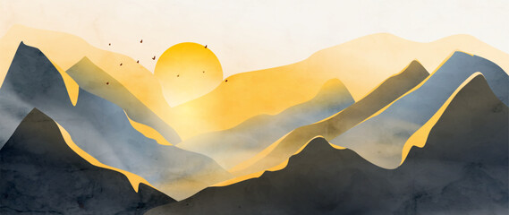Landscape art background featuring mountains and the sun at sunset or sunrise with watercolor textures. A natural banner for wallpaper, prints, packaging, textiles, and interior design.