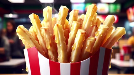 Hot, salted potato sticks in striped container served in fast food establishment