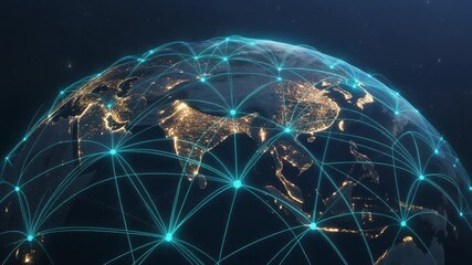 Global Digital Network Grid Connecting Continents at Night Representing Data Exchange and Worldwide Communication - Powered by Adobe