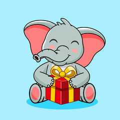 Cute Baby Elephant Holding a Special Gift Box Vector Illustration Cartoon Kawaii Isolated Design
