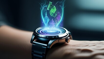 Conceptual image of advanced wearable technology featuring a smartwatch with a luminous holographic crystal projection on a wrist