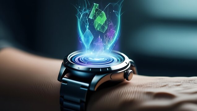 Conceptual image of advanced wearable technology featuring a smartwatch with a luminous holographic crystal projection on a wrist