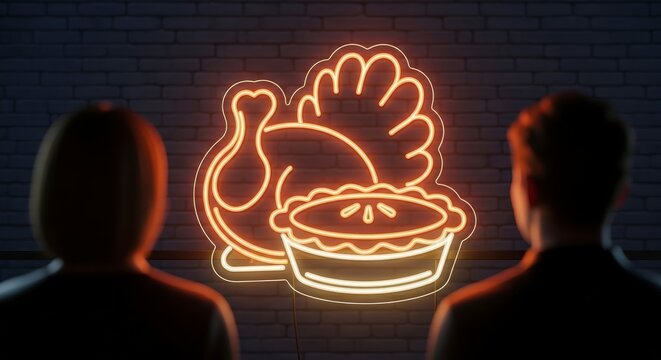 Two people admire a radiant neon sign featuring a turkey and pie on a dark brick wall, symbolizing