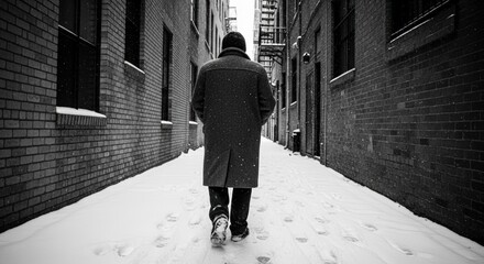 A solitary figure walks through a snow-covered urban alleyway in a dramatic black and white scene