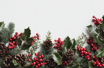 christmas greenery garland with holly berries, pine cones, and evergreen leaves isolated on a white background christmas card banner design with copy space for text Generative AI