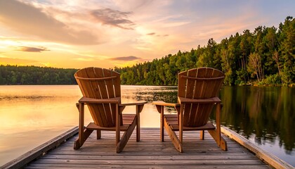 Two Adirondack chairs on a dock at sunset over a calm lake.