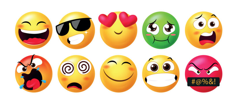 Vibrant emoji collection showing different emotions&mdash;happy, cool, love, dizzy, angry, shocked, embarrassed, silly, and frustrated. Perfect for stickers, chat icons, and digital designs.