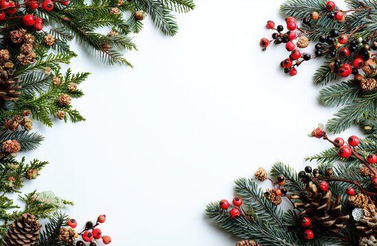 christmas and new year floral border with evergreen branches, berries, and pine cones on a white background with copy space in the middle Generative AI
