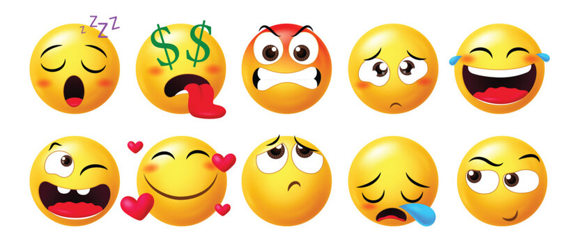 Collection of expressive 3D emoticons showing sleep, dollar eyes, angry, crying, laughing, and love emotions. Ideal for digital messaging and reaction content.