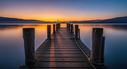 Stunning sunrise over tranquil lake with wooden pier stretching into the distance, creating a serene and peaceful escape, perfect for travel and adventure