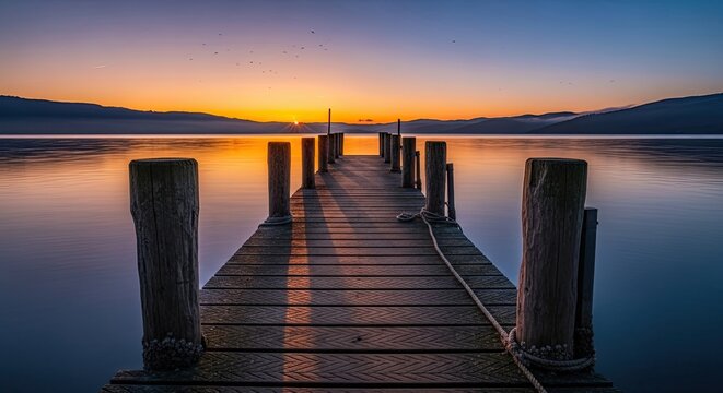 Stunning sunrise over tranquil lake with wooden pier stretching into the distance, creating a serene and peaceful escape, perfect for travel and adventure - Powered by Adobe