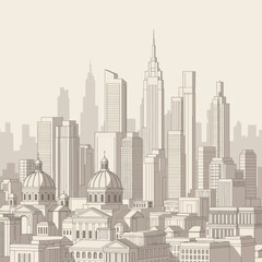 Naklejka premium Stylized architectural illustration of a large metropolitan city skyline.