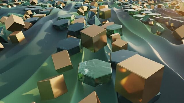 Abstract 3d rendering of geometric shapes on a wavy landscape with golden light
