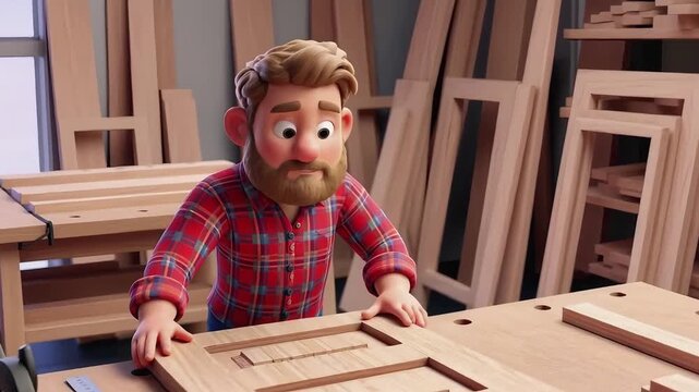Detailed 3D animation of a skilled bearded carpenter meticulously crafting a wooden panel in his bustling workshop, showcasing dedication to artisan craft