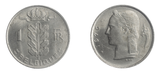 Belgium one franc coin on white isolated background