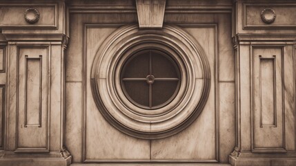 Fototapeta premium Architectural detail with circular window and ornate stone framework. Sepia toned, formal