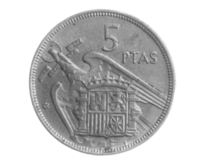 Spain five ptas coin on white isolated background
