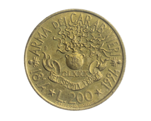 Italy two hundred lira coin on white isolated background