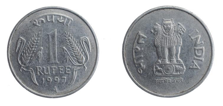 India one rupee coin on a white isolated background