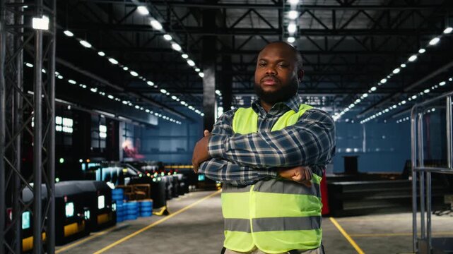 African american worker in a plant handles automation equipment, emphasizing engineering skill, production accuracy, and the protective gear required in heavy industrial operations. Camera A.