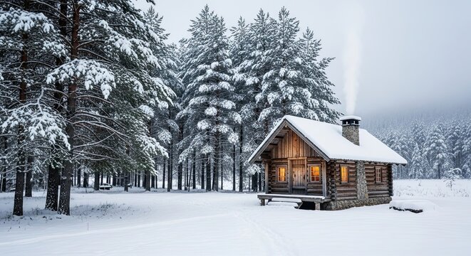 Escape to a cozy snow-covered cabin in a serene winter forest, perfect for holiday cards, nature retreats, and peaceful winter getaways