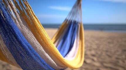 Beach Hammock: a captivating image showcasing a colorful hammock gently swaying against the backdrop of an idyllic beach. the texture of the hammock, the serene beach.