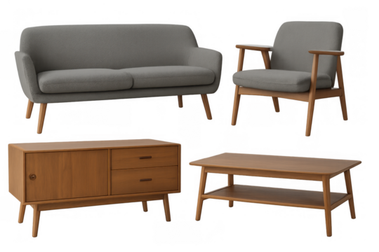 Mid-century modern living room furniture set, featuring gray sofa, armchair, wooden coffee table, and sideboard on transparent background