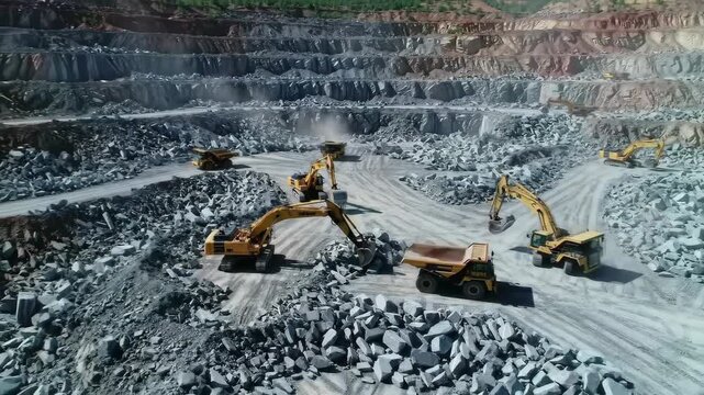 Open pit mine excavation site with heavy machinery moving aggregate material