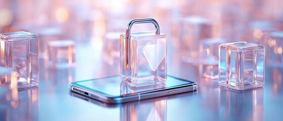 A glass padlock with a heart shape inside sits on top of a smartphone, surrounded by glass cubes, symbolizing data protection and security in an abstract settin