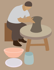 A vector art of a potter making potteries. 
