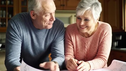 Senior couple examining construction plans together indoors
