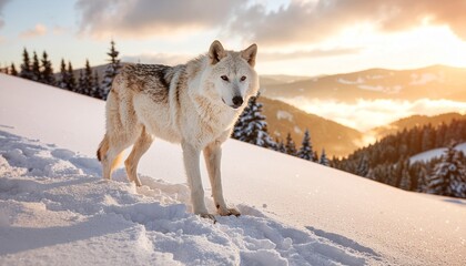 A lone wolf stands on a snowy slope during golden hour, surrounded by frosted trees and soft winter light.
