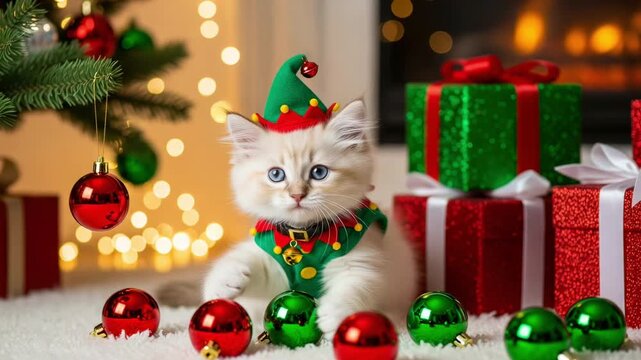Fluffy kitten in elf costume playing with red and green ornaments near wrapped gifts for Christmas and Happy New Year