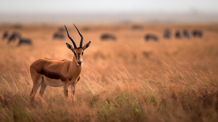 Thomson's Gazelle in the African SavannahA single Thomson's gazelle (Eudorcas thomsonii) stands alert amidst the tall, dry, golden grass of the African savanna