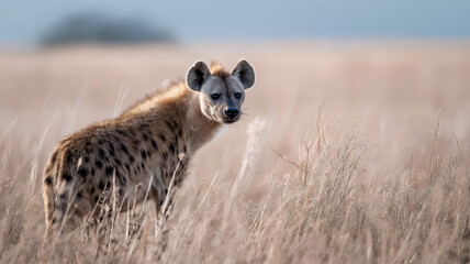 Spotted hyena in the golden grass of the savanna. Generative AI