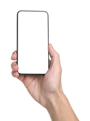 Man holding smartphone with blank screen on white background, closeup. Mockup for design