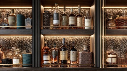 Illuminated shelves display assorted liquor bottles against a textured backdrop