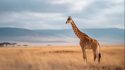 Giraffe in the golden grass of the African savanna. Generative AI