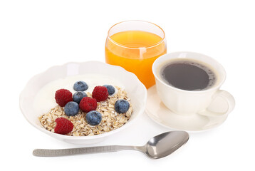 Tasty breakfast. Oat flakes with yogurt, berries, coffee and orange juice isolated on white