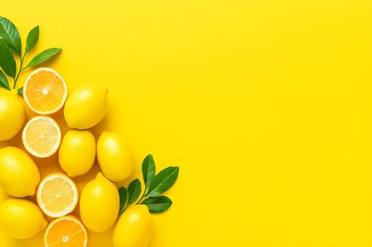 Triangular Lemon Arrangement with Green Leaves on Vibrant Yellow Background for Freshness and Summer Promotion