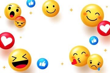 Fun 3D emoji border with social media likes and love icons. Great for digital messages, banners, and social engagement templates with blank space for text.