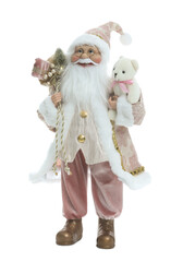 Cute Santa Claus figure with gifts and toy bear isolated on white. Merry Christmas and Happy New Year