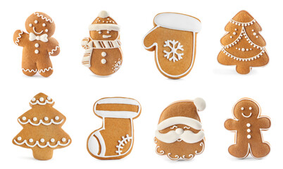 Christmas gingerbread cookies decorated with icing isolated on white, set