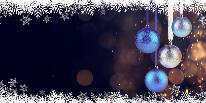 Merry Christmas and Happy Holidays card with festive balls, snowflakes and bokeh lights - Powered by Adobe