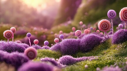 A surreal landscape filled with colorful lollipops growing from purple, fluffy bushes and green grass, bathed in soft, warm, diffused sunlight.