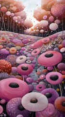 A surreal, vibrant landscape filled with oversized, stylized pink and purple flowers and trees, with a winding stone path leading through the scene under soft,
