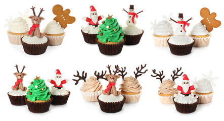 Christmas cupcakes isolated on white, set. Festively decorated dessert