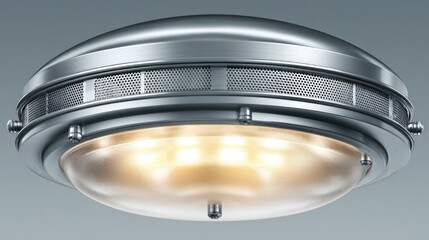 Close-up of a modern, metallic ceiling light fixture with a frosted glass shade