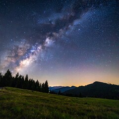 Fototapeta premium Stunning Milky Way Galaxy Arching Over a Serene Mountain Landscape at Night with Silhouetted Trees and a Faint Horizon Glow.
