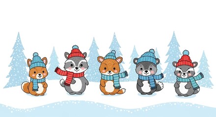Cartoon animals in winter clothes standing in snowy landscape